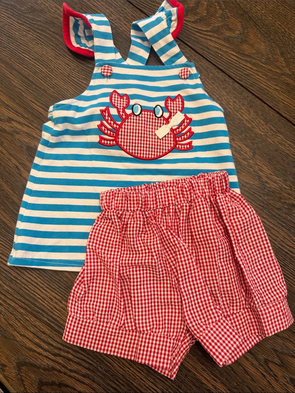 Classic Whimsy 2T Striped Blue & White Crab Applique Top with Red Gingham Shorts